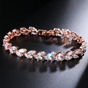 14K Pink Rose Gold 2ct Diamond Leaf Tennis Bracelet Ladies 14 K Silver Jewelry